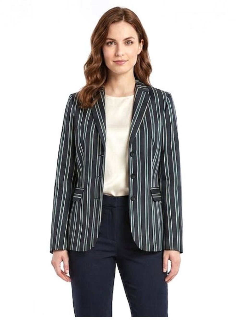 Tomas Maier Striped 3-Button Blazer, Navy Green Stripe, Womens Size 6